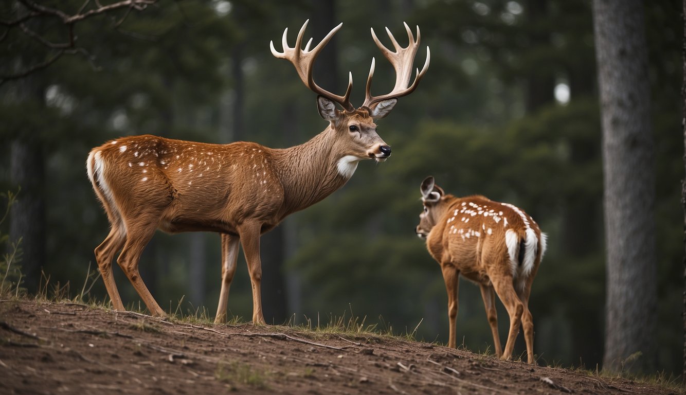 A male deer clashes antlers with a rival.

Another deer uses its antlers to attract a mate. The intricate details of antler structure are visible