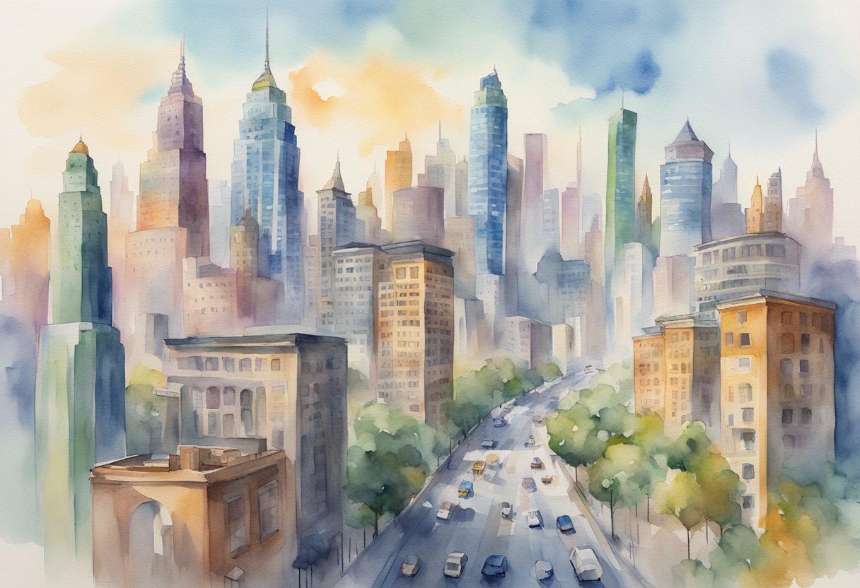 A bustling city skyline with a prominent YouTube logo atop a towering building, surrounded by smaller buildings with various channel names displayed