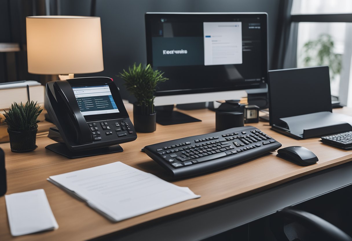 A modern office manager's desk with neatly arranged FAQ documents, a computer, and a sleek desk organizer