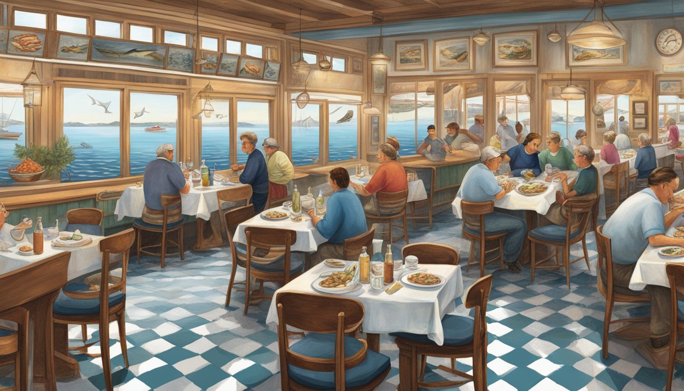 A bustling seafood restaurant with checkered tablecloths, nautical decor, and a display of fresh fish on ice. Patrons enjoy their meals while the aroma of grilled seafood fills the air