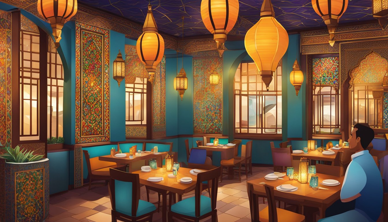 Vibrant Moroccan restaurant in Singapore with ornate decor, colorful mosaic tiles, and exotic lanterns casting warm, inviting glow