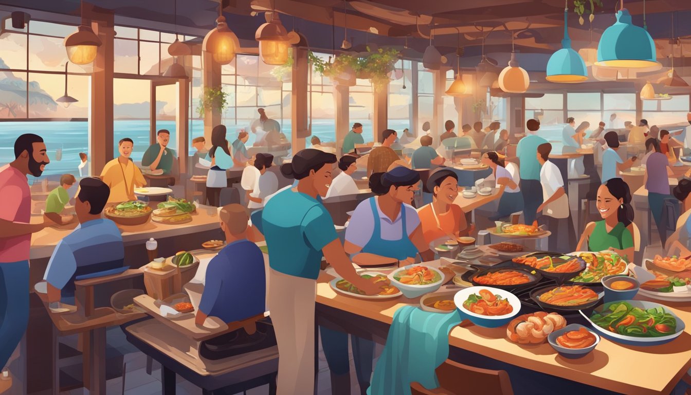 A bustling seafood restaurant with colorful dishes, steaming pots, and sizzling grills, surrounded by happy diners enjoying their culinary delights