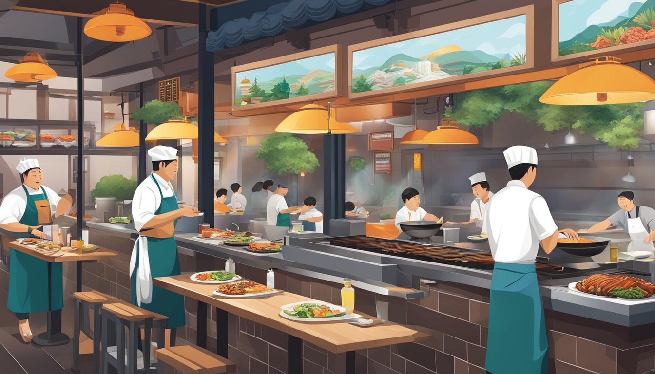 A bustling Korean restaurant in Singapore, with colorful signage and outdoor seating. A chef grills meat on a sizzling barbecue, while waiters serve steaming bowls of bibimbap to eager diners