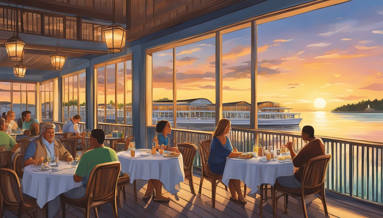 The sun sets over the tranquil waterfront as diners savor the fresh seafood and lively atmosphere at Mellvin's restaurant