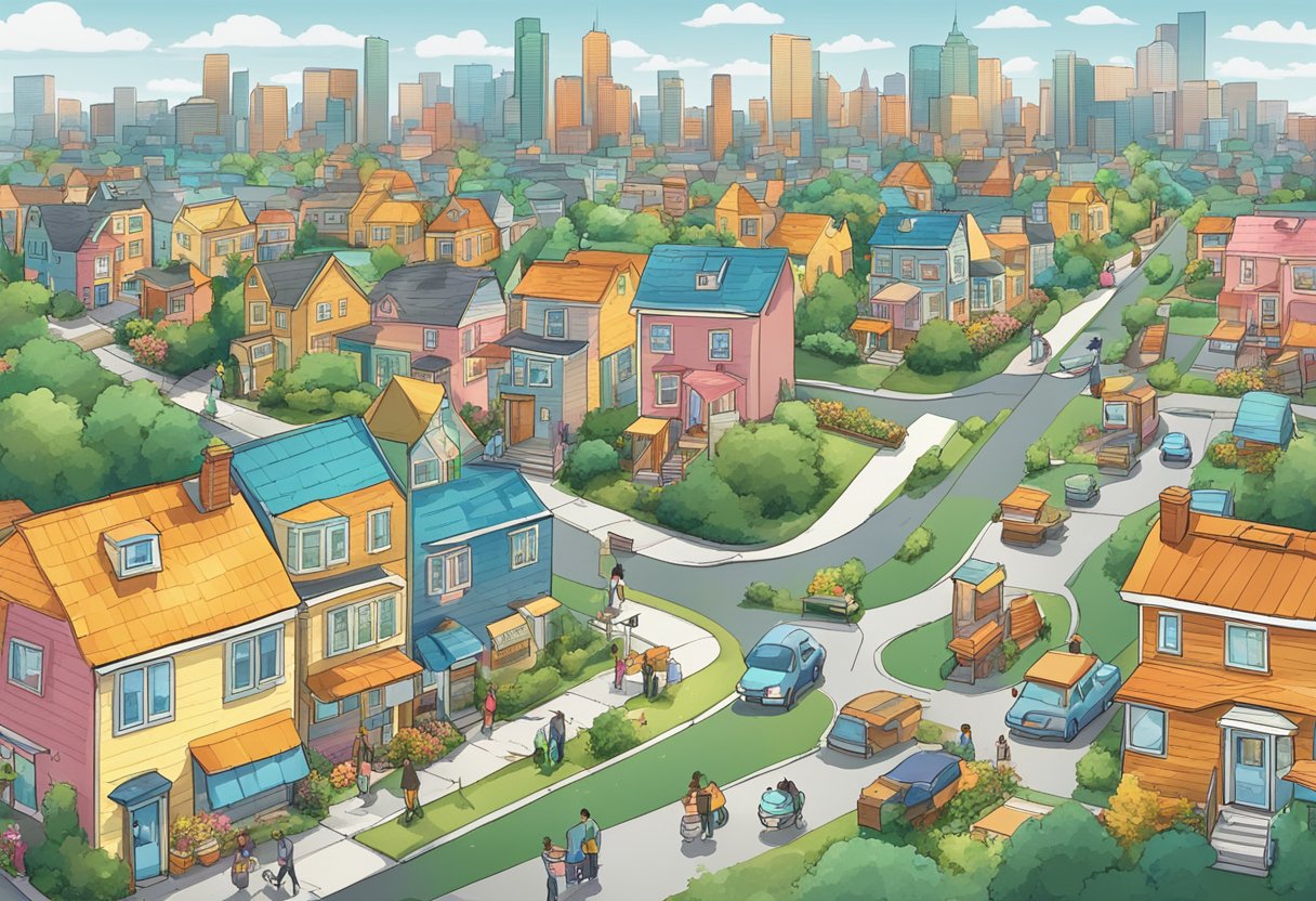 A bustling city skyline with "For Sale" signs dotting the landscape, surrounded by happy families moving into their new homes