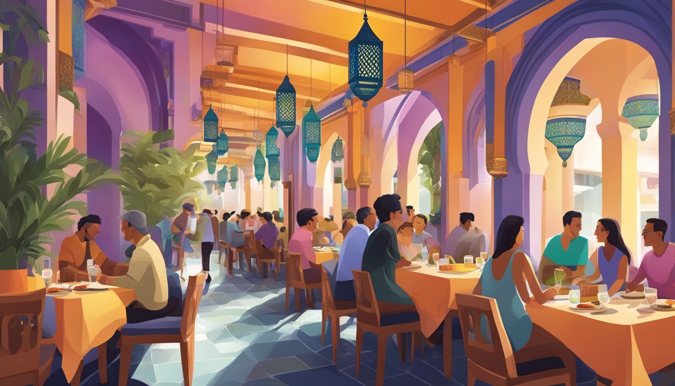 Customers enjoying colorful decor, ambient lighting, and traditional Moroccan cuisine at a bustling restaurant in Singapore