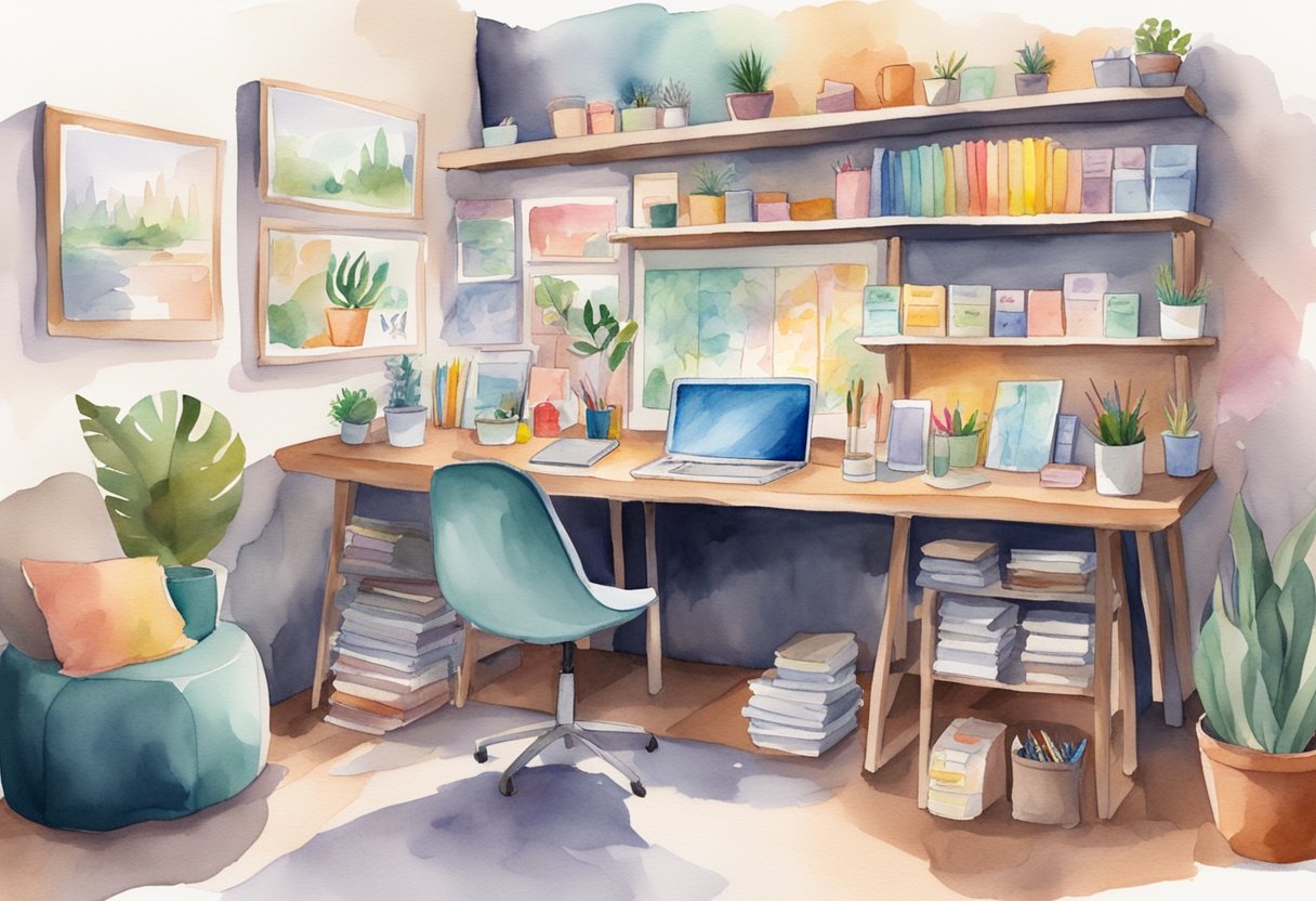 A cozy studio with a desk covered in sketches, paint palettes, and a laptop displaying "Etsy Shop Name Ideas" on the screen. Shelves filled with art supplies and colorful finished products line the walls