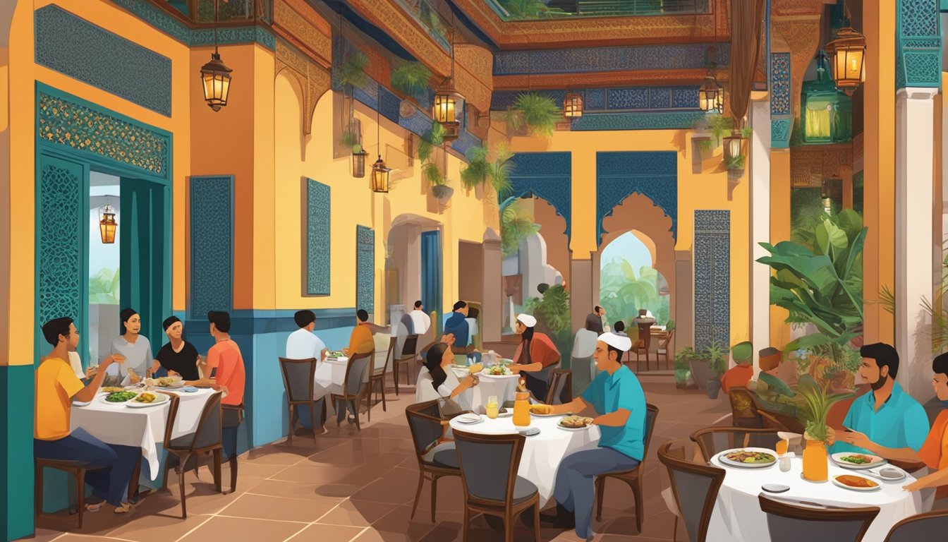 A bustling Moroccan restaurant in Singapore with colorful decor, aromatic spices, and diners enjoying traditional cuisine