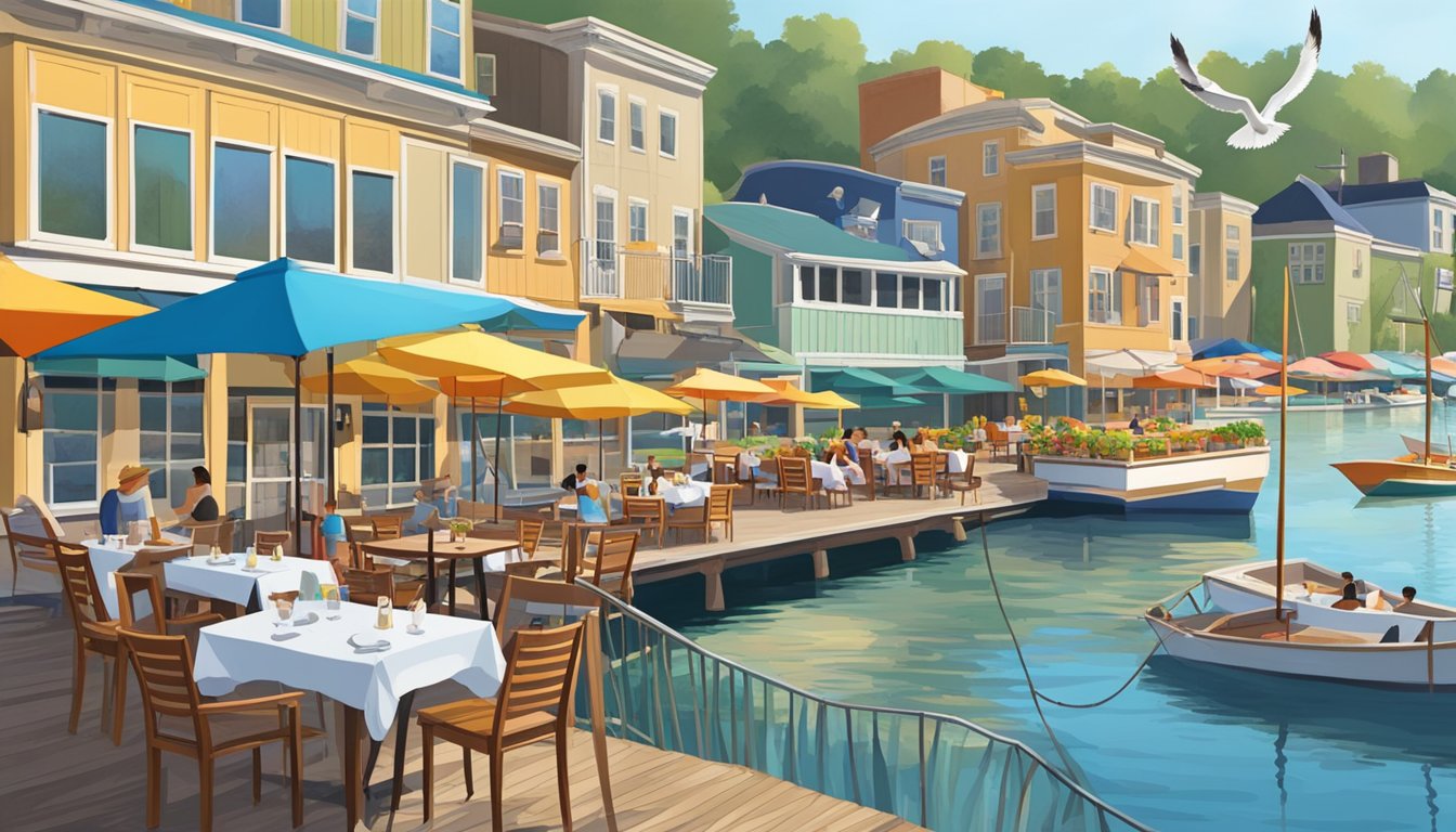 Waterfront restaurants line the shore, with colorful umbrellas shading outdoor tables. Boats bob in the water, and seagulls soar overhead