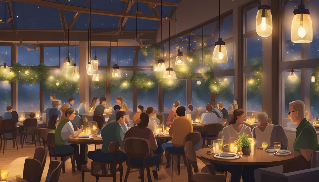 The Sapling Restaurant bustles with diners, the aroma of freshly cooked meals fills the air, and the warm glow of hanging lights creates a cozy atmosphere