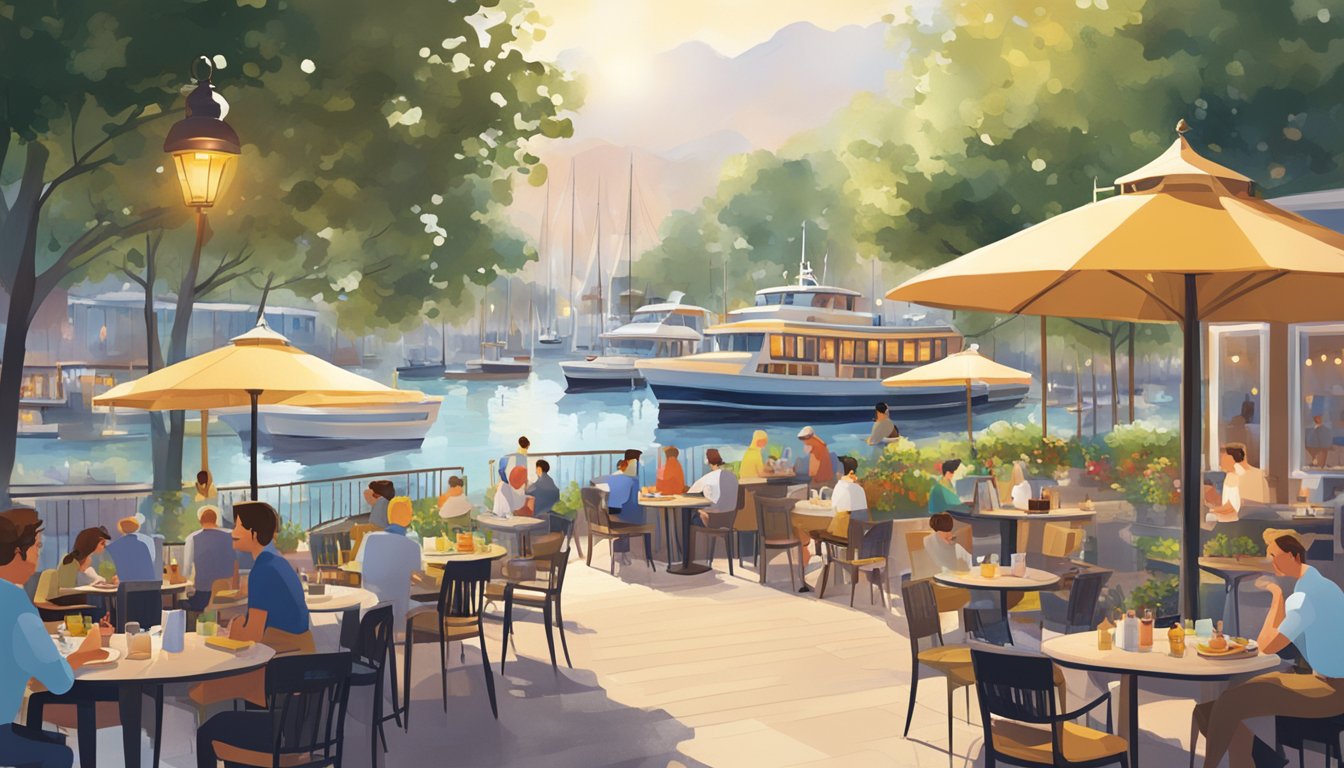 A bustling waterfront scene with colorful outdoor dining areas, surrounded by sparkling water and boats