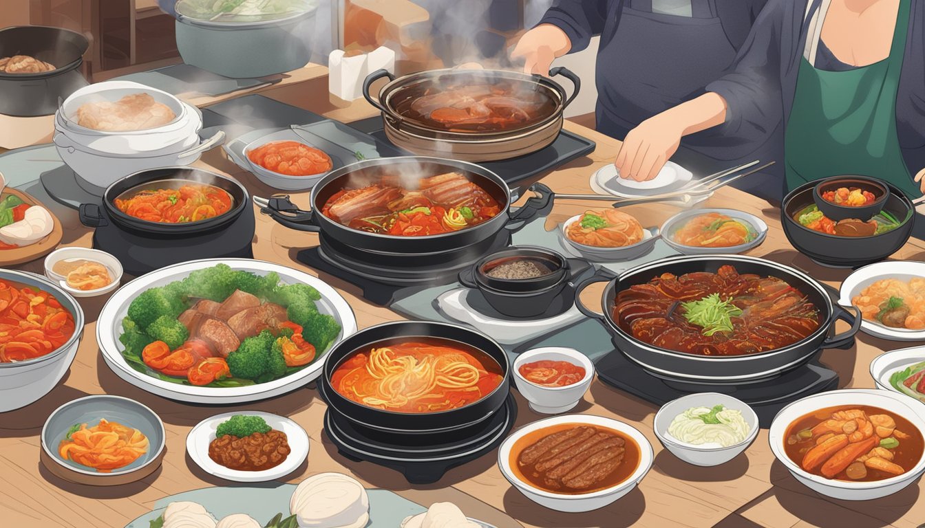 Vibrant dishes line the tables, steaming with spicy kimchi and sizzling barbecued meats, while the air is filled with the aroma of savory stews and bubbling hotpots