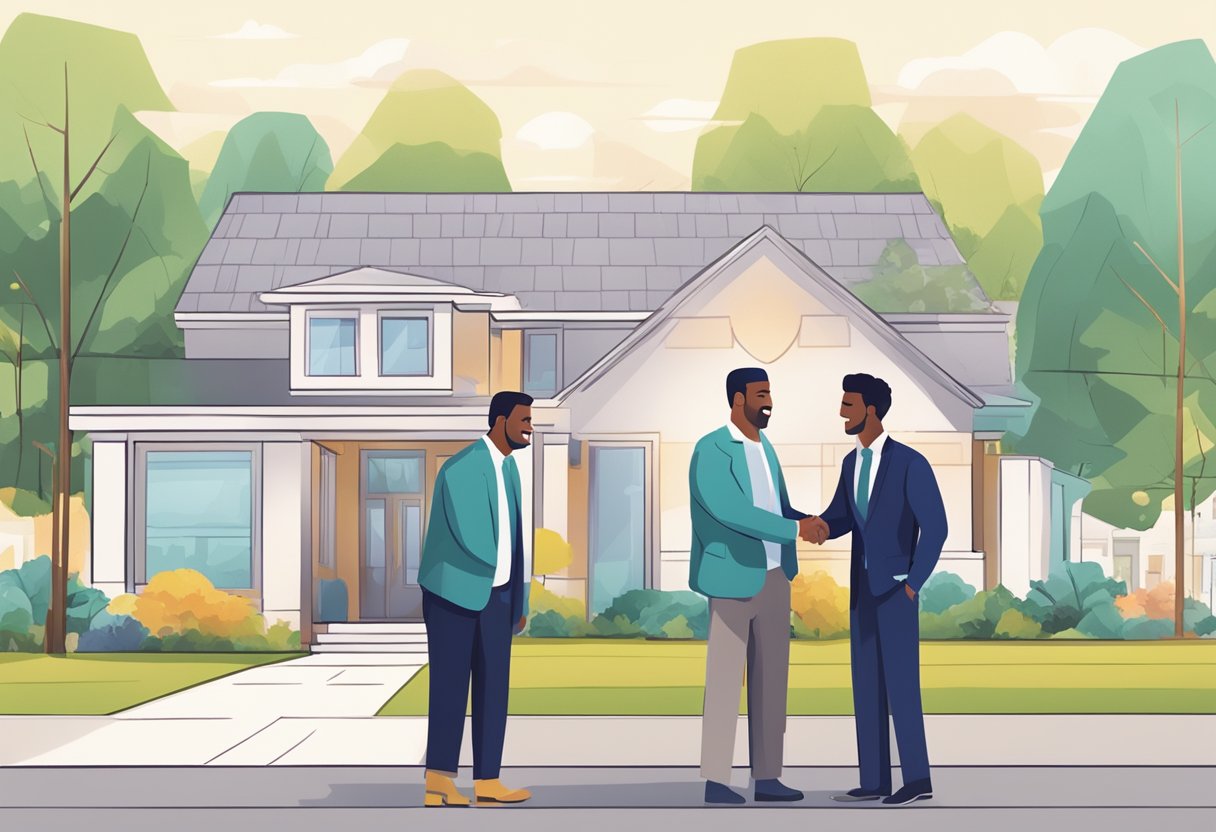 A real estate agent shaking hands with a satisfied client in front of a sold sign, while networking at a community event