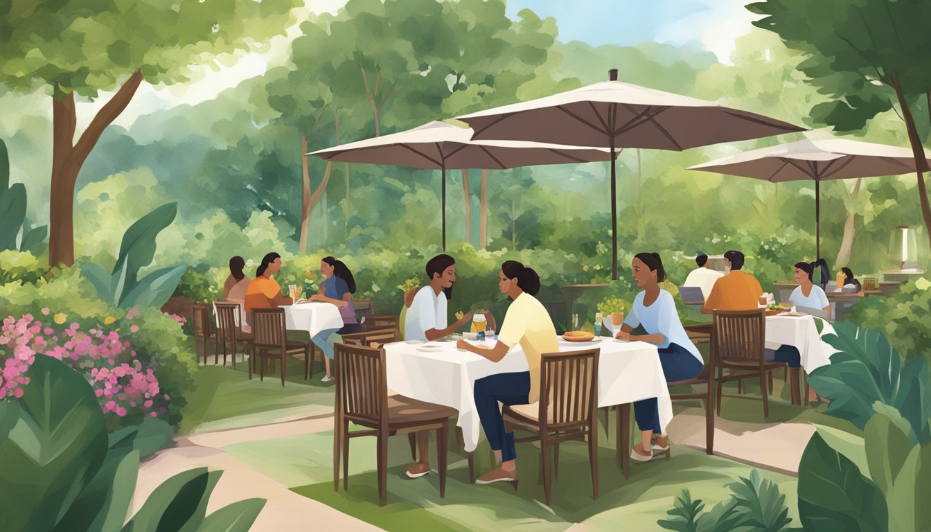 Customers enjoying a meal at The Sapling Restaurant, surrounded by lush greenery and cozy seating. The warm, inviting atmosphere is perfect for a relaxing dining experience