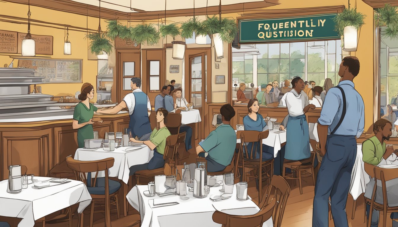 A bustling restaurant with customers at tables, waitstaff moving between them, and a sign reading "Frequently Asked Questions" hanging above the entrance