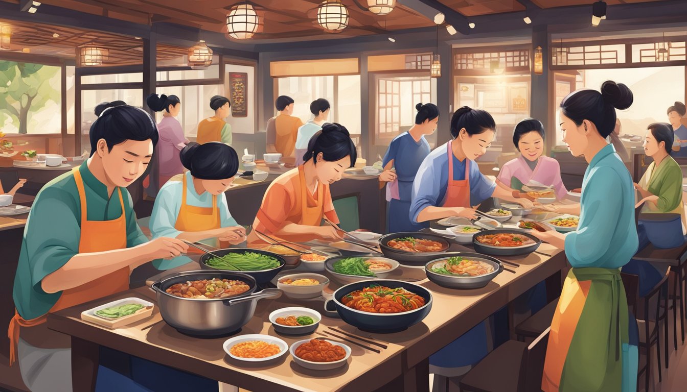 A bustling Korean restaurant in Singapore, filled with vibrant colors, traditional decor, and steaming plates of kimchi, bulgogi, and bibimbap