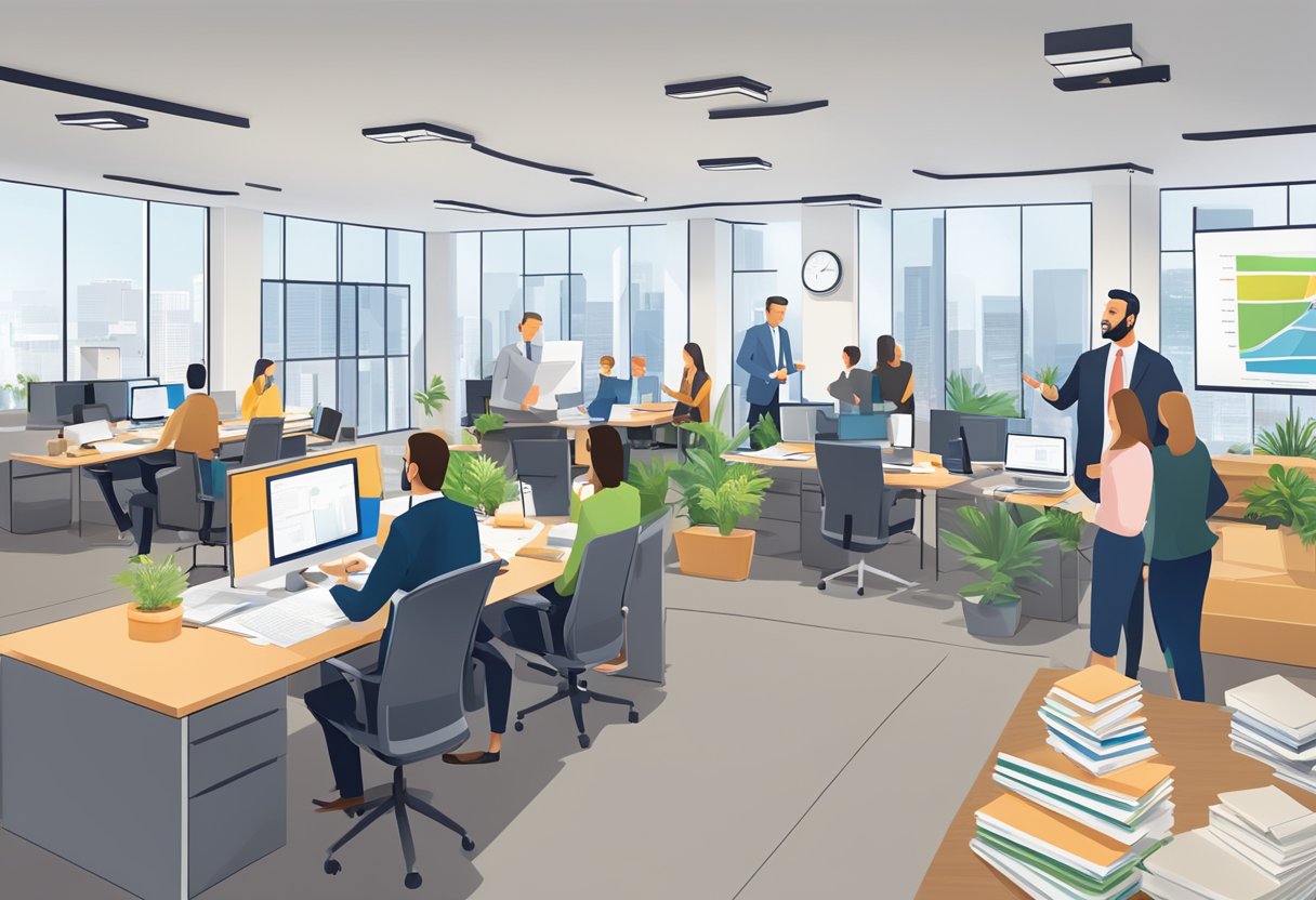 A bustling real estate office with agents networking, creating marketing materials, and strategizing to attract more listings