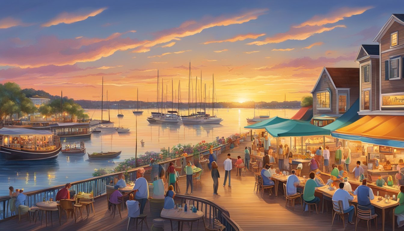 The sun sets over a bustling waterfront, with colorful restaurants lining the shore. Diners enjoy fresh seafood and cocktails while boats bob in the harbor