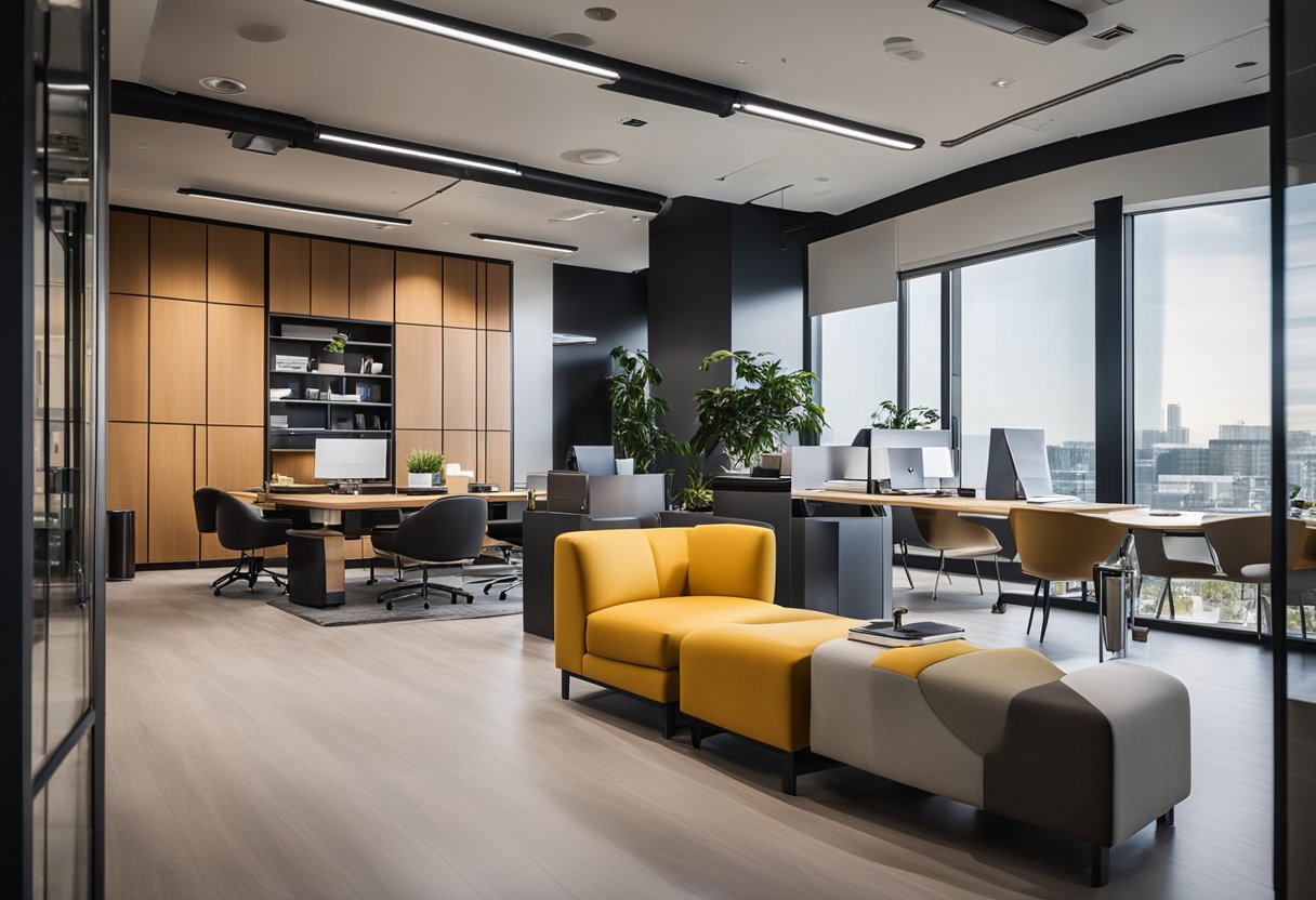 The office showroom features sleek, modern furniture arranged in an open layout with natural lighting and vibrant accent colors