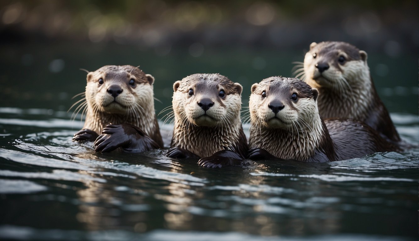 A group of otters gracefully glide through the water, their sleek bodies twisting and turning with ease as they playfully chase each other and dive for fish