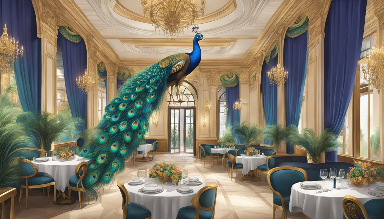 The peacock restaurant, with vibrant feathers adorning the walls, a grand display of peacock-themed decor, and elegant dining tables set with luxurious tableware