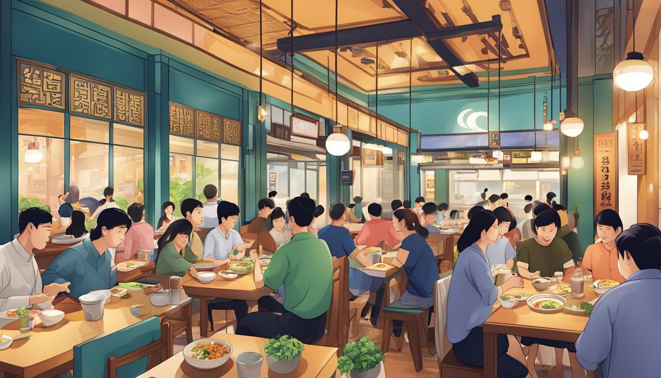 A bustling Korean restaurant in Singapore, with customers enjoying traditional dishes and the vibrant ambiance