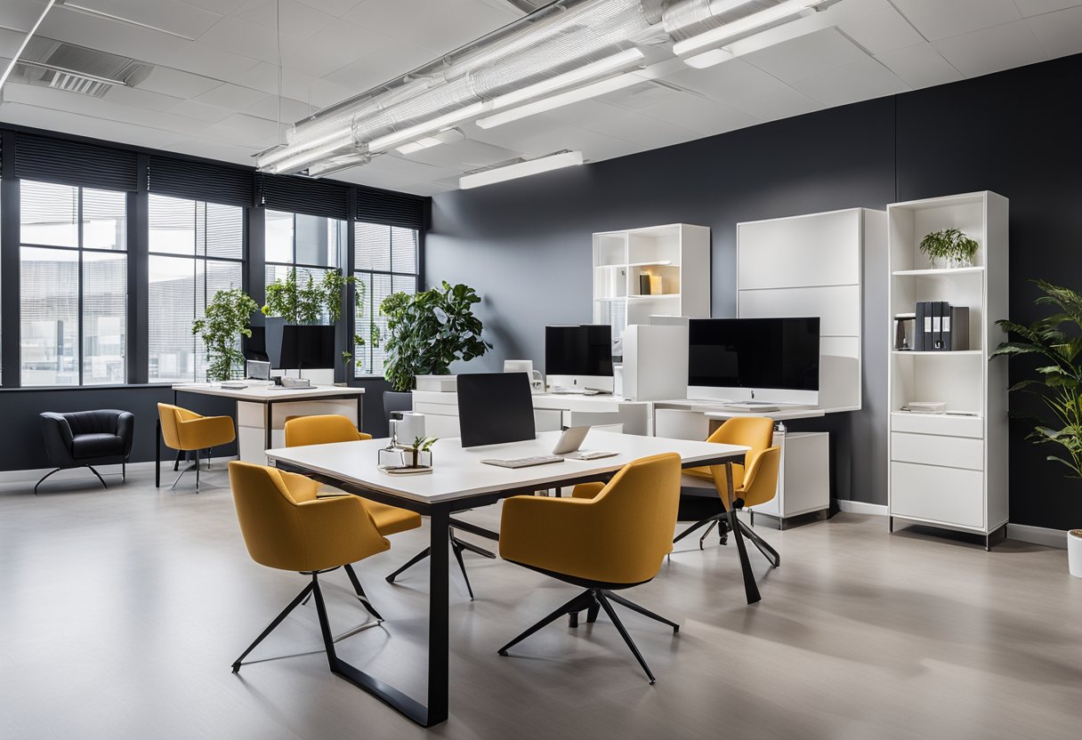 A sleek office showroom with modern furniture, clean lines, and ample natural light. A minimalist color palette and strategic use of space create a professional and inviting atmosphere