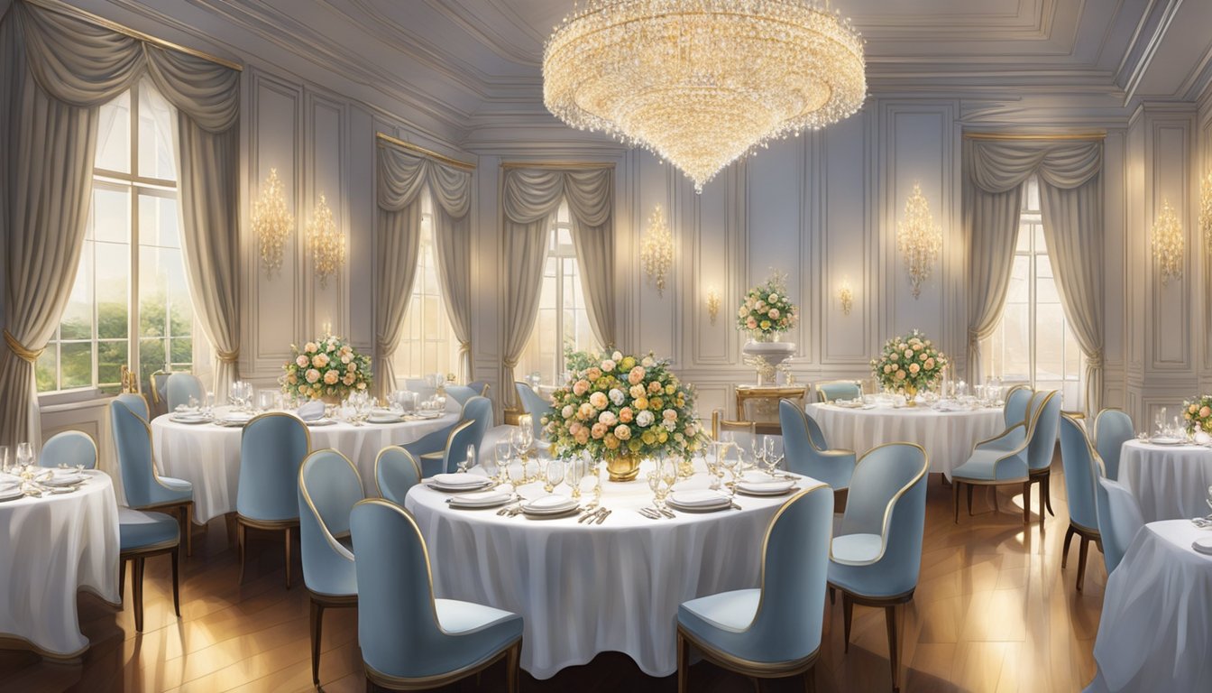 Tables set with elegant white tablecloths, adorned with sparkling glassware and fine china. A grand chandelier hangs from the ceiling, casting a warm glow over the sophisticated dining area