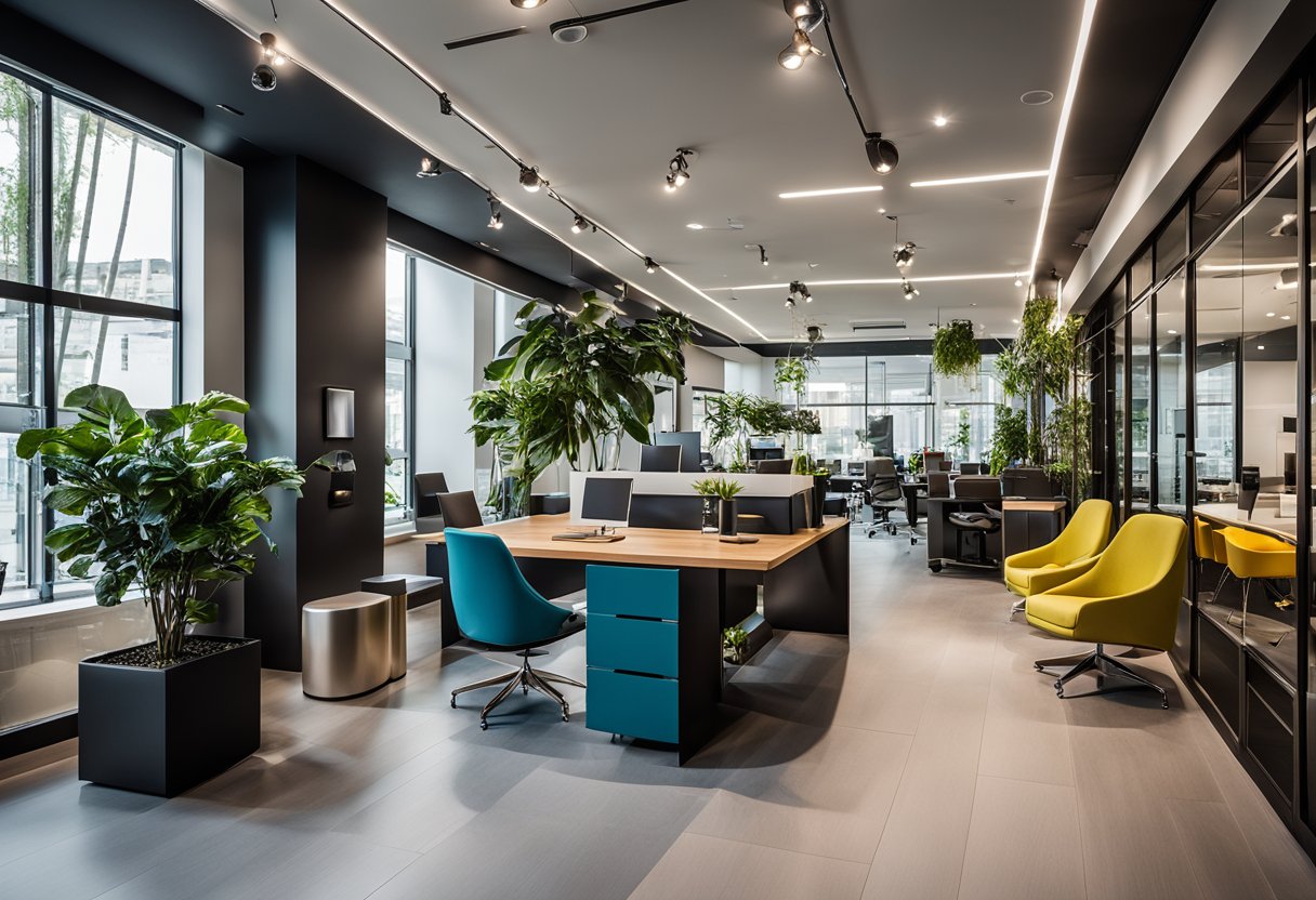 The office showroom is modern and inviting, with sleek furniture and a vibrant color scheme. The space is well-lit and organized, featuring a display of frequently asked questions for customers