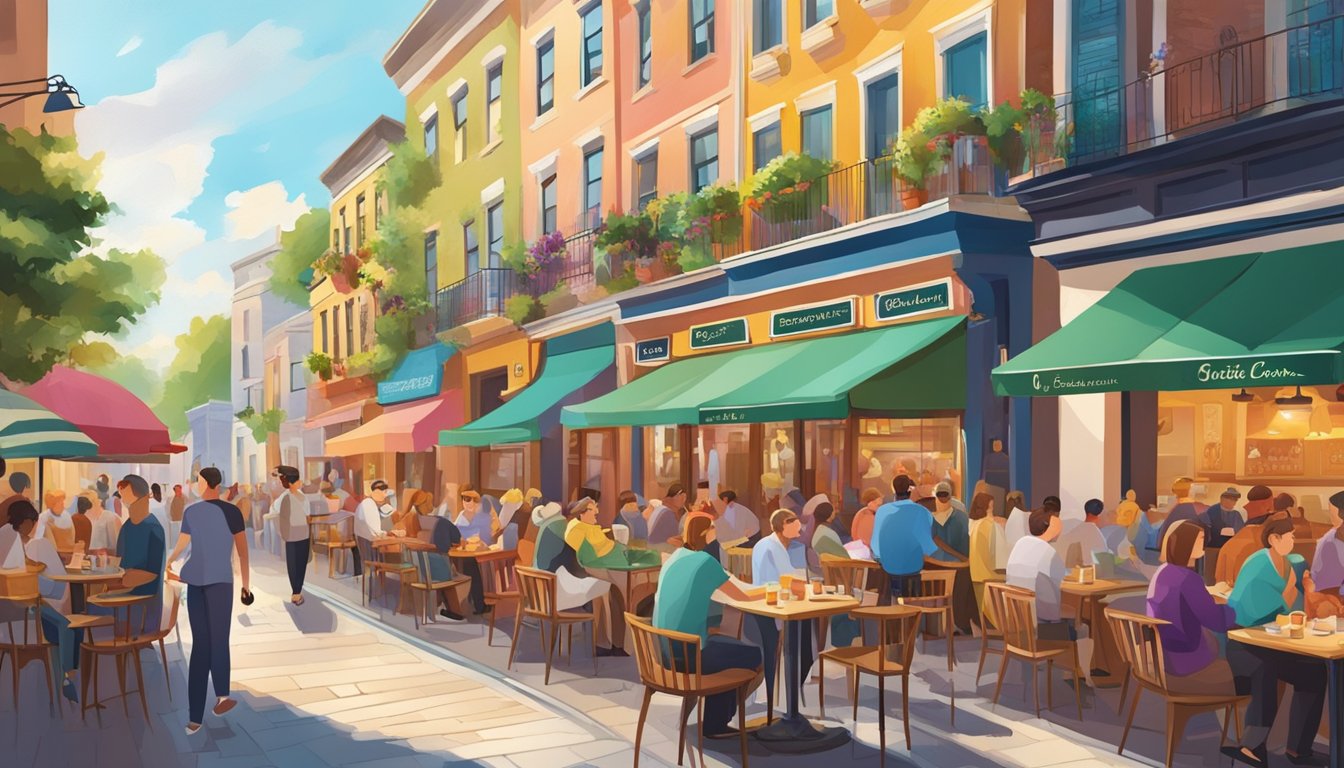 A bustling street lined with colorful restaurants, with outdoor seating and vibrant signage, filled with people enjoying delicious meals and lively conversation