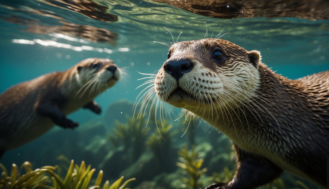Otters playfully dive and glide through crystal-clear waters, weaving through vibrant aquatic plants and chasing after darting schools of fish