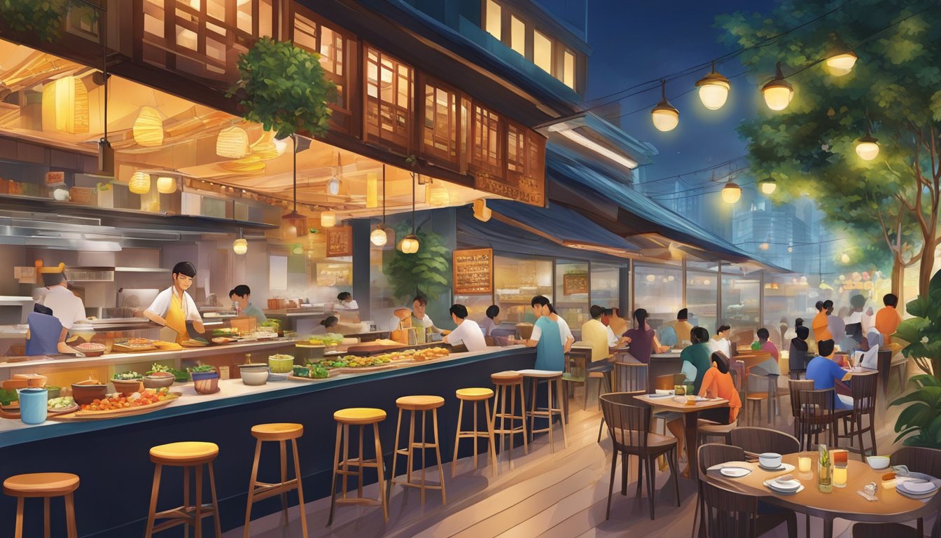 The bustling atmosphere of Paya Lebar Quarter restaurants, with colorful dishes and aromatic flavors, creates a vibrant and inviting culinary scene
