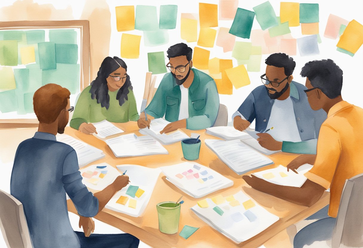 A group of people sit around a table, tossing out ideas and writing them down on a whiteboard. Post-it notes with potential Etsy shop names cover the table