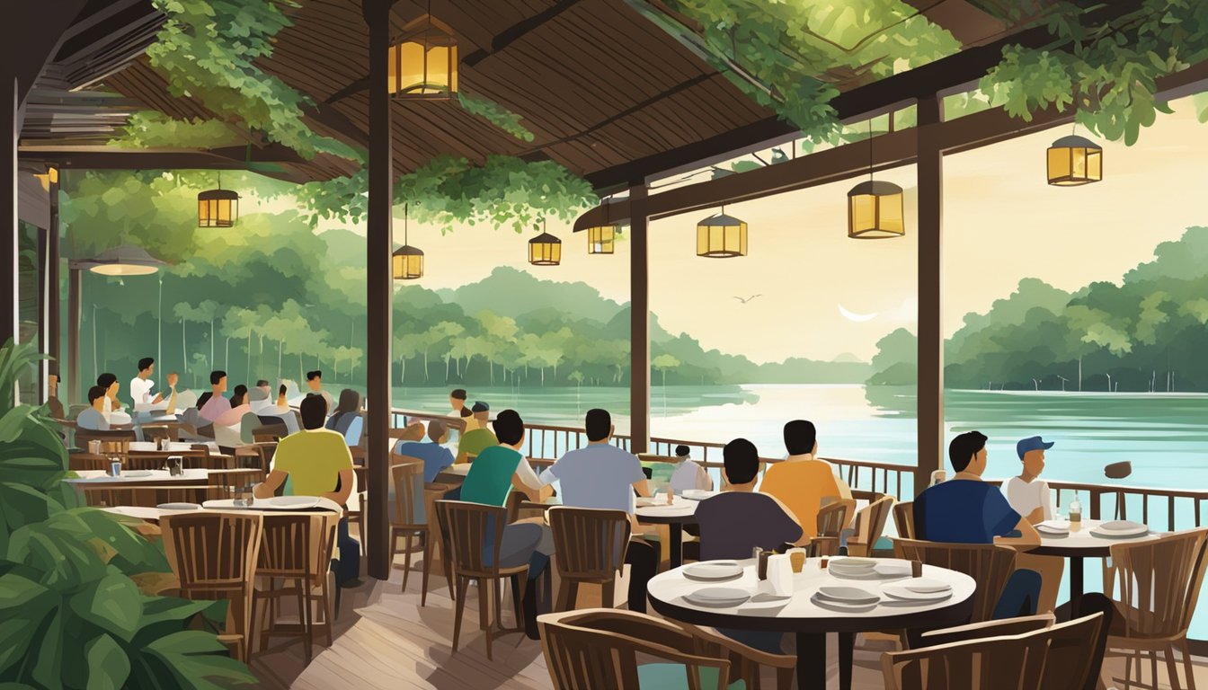 A bustling Pulau Ubin restaurant with outdoor seating, surrounded by lush greenery and overlooking the serene waters of the island