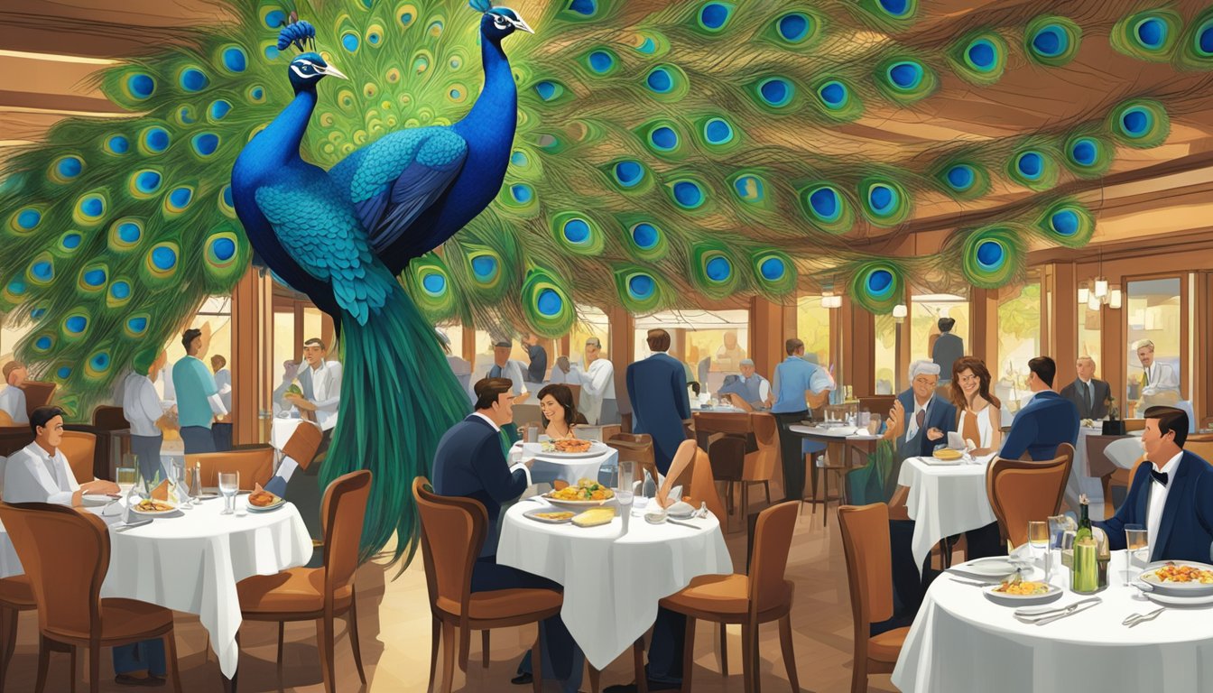 Customers enjoying a meal at the vibrant Peacock Restaurant, with waitstaff serving dishes and tending to tables in the background