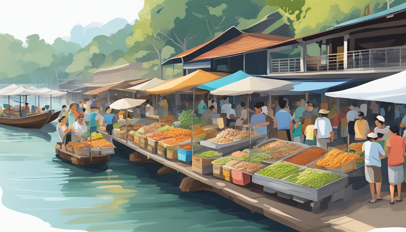 A bustling open-air market on Pulau Ubin, with colorful stalls offering a variety of fresh seafood, aromatic spices, and local delicacies