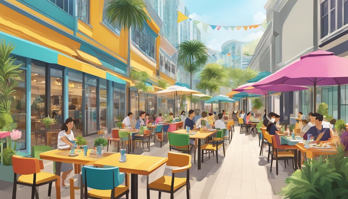 Colorful outdoor dining area at Bugis Junction, Singapore, with a variety of restaurants and vibrant decor
