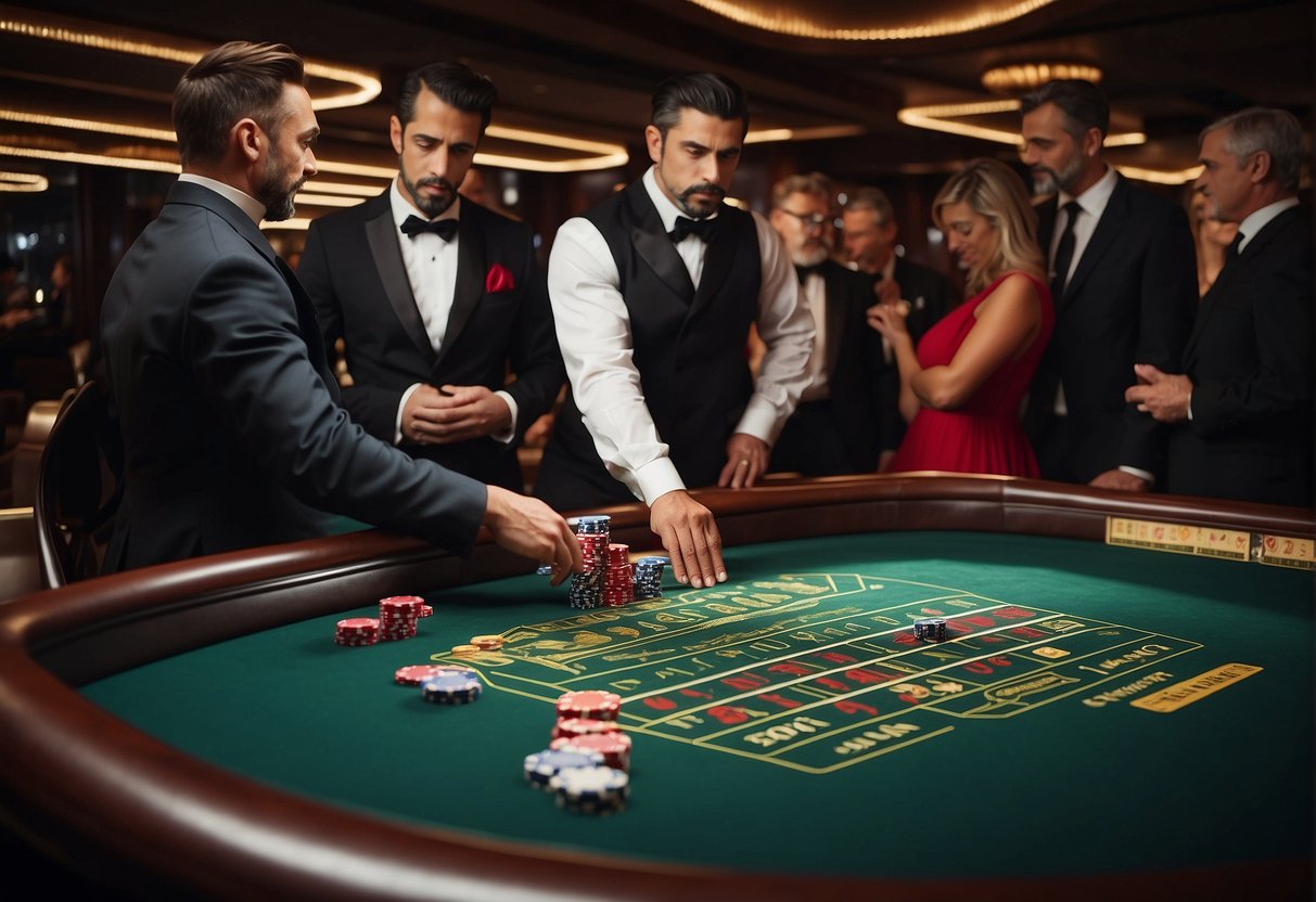 A baccarat player confidently places their bet on the table, while others watch intently. The dealer shuffles the cards, creating a sense of anticipation