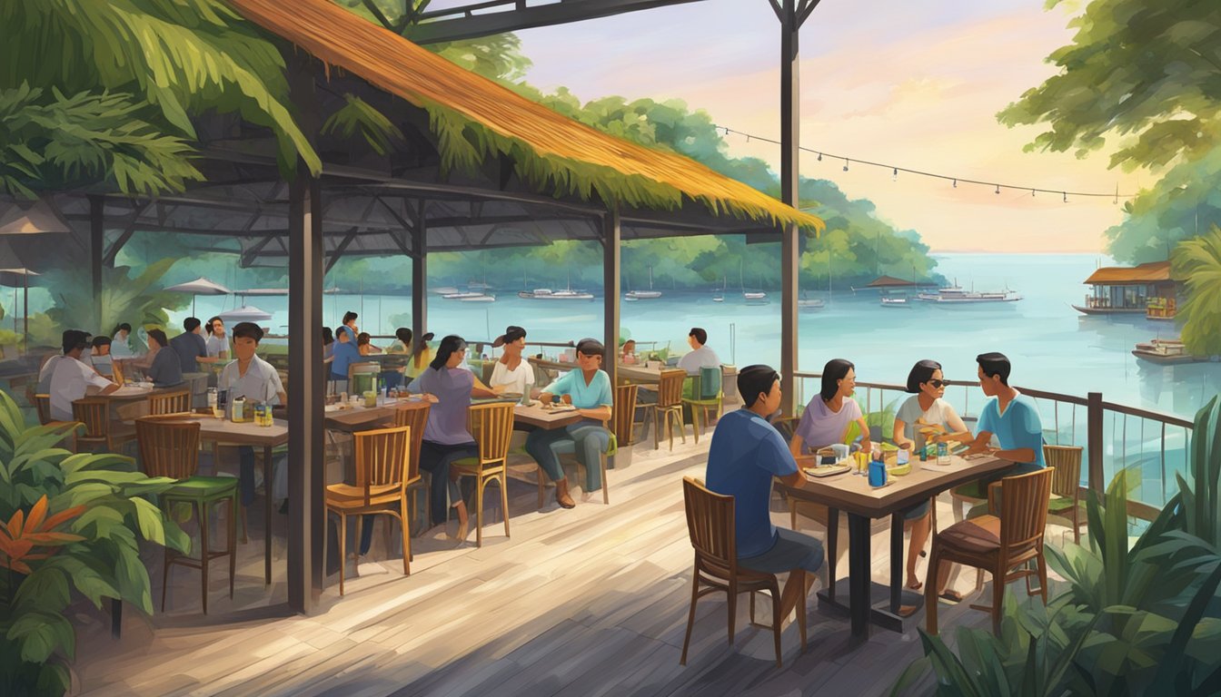 A bustling restaurant on Pulau Ubin with colorful tables and chairs, surrounded by lush greenery and a view of the ocean