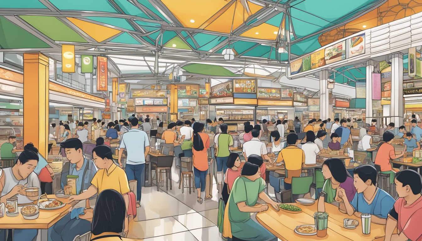 A bustling food court at Bugis Junction, with colorful stalls offering a variety of culinary delights from traditional Singaporean dishes to international cuisines