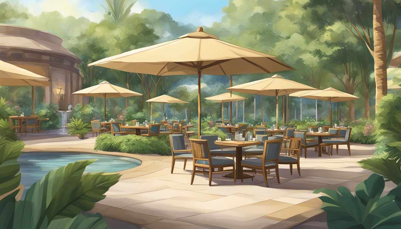 The Oasis Restaurant: A serene oasis surrounded by lush greenery, with a tranquil fountain at the center and cozy outdoor seating