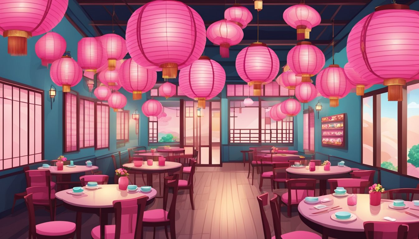 A pink candy Korean restaurant with hanging lanterns and traditional artwork on the walls. Tables set with colorful dishes and chopsticks