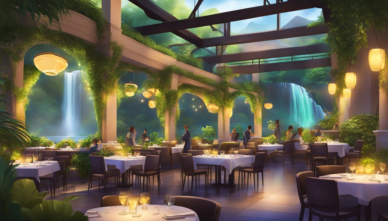 A vibrant oasis restaurant, with lush greenery and a cascading waterfall, surrounded by elegant dining tables and ambient lighting