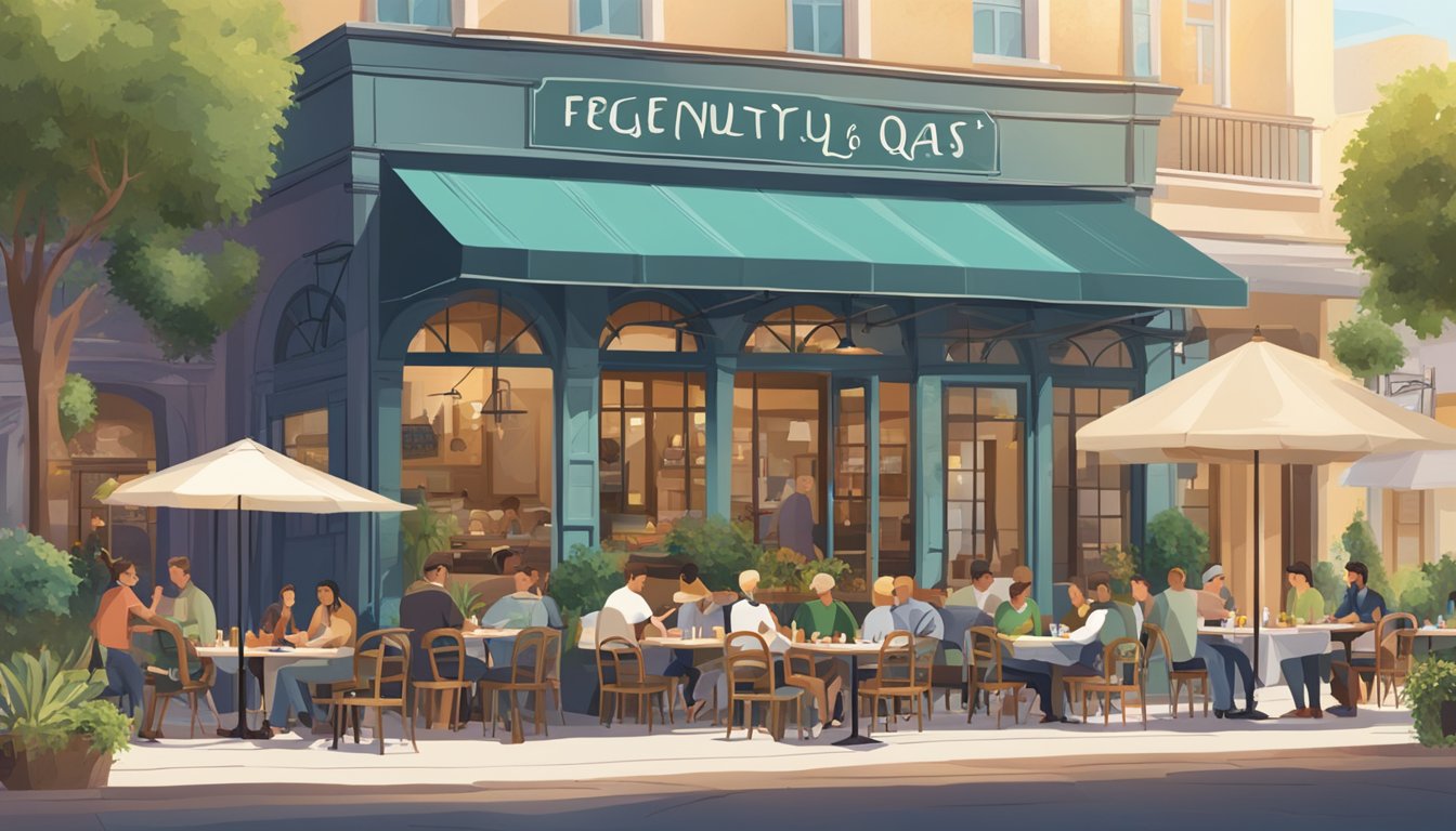 A bustling restaurant with a sign reading "Frequently Asked Questions oasis" outside. Tables and chairs are filled with customers enjoying their meals