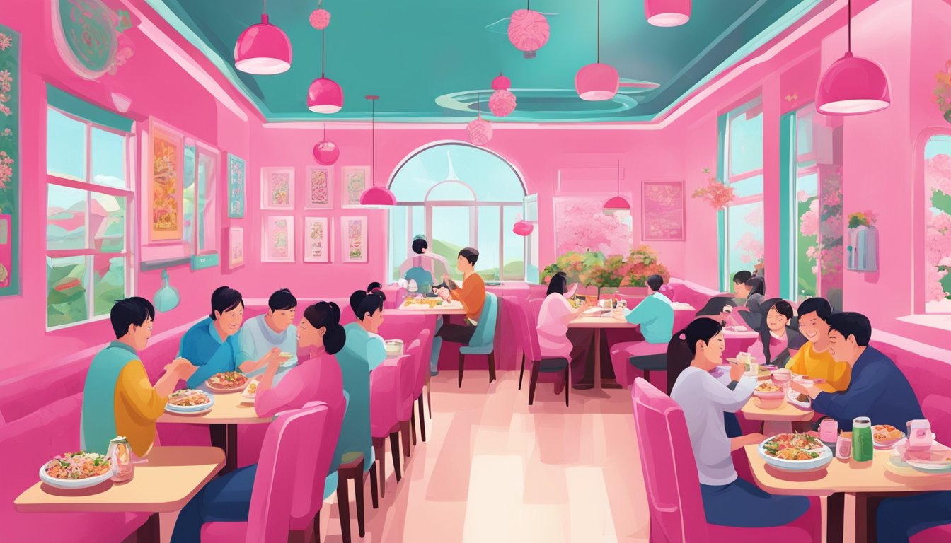 Customers savoring Korean dishes at Pink Candy's Delights restaurant. Vibrant pink decor, steaming plates, and happy diners create a lively atmosphere