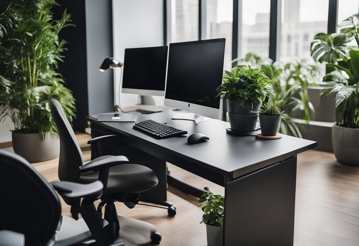 A modern office work area with a sleek desk, ergonomic chair, computer monitor, keyboard, mouse, and a few potted plants for added greenery