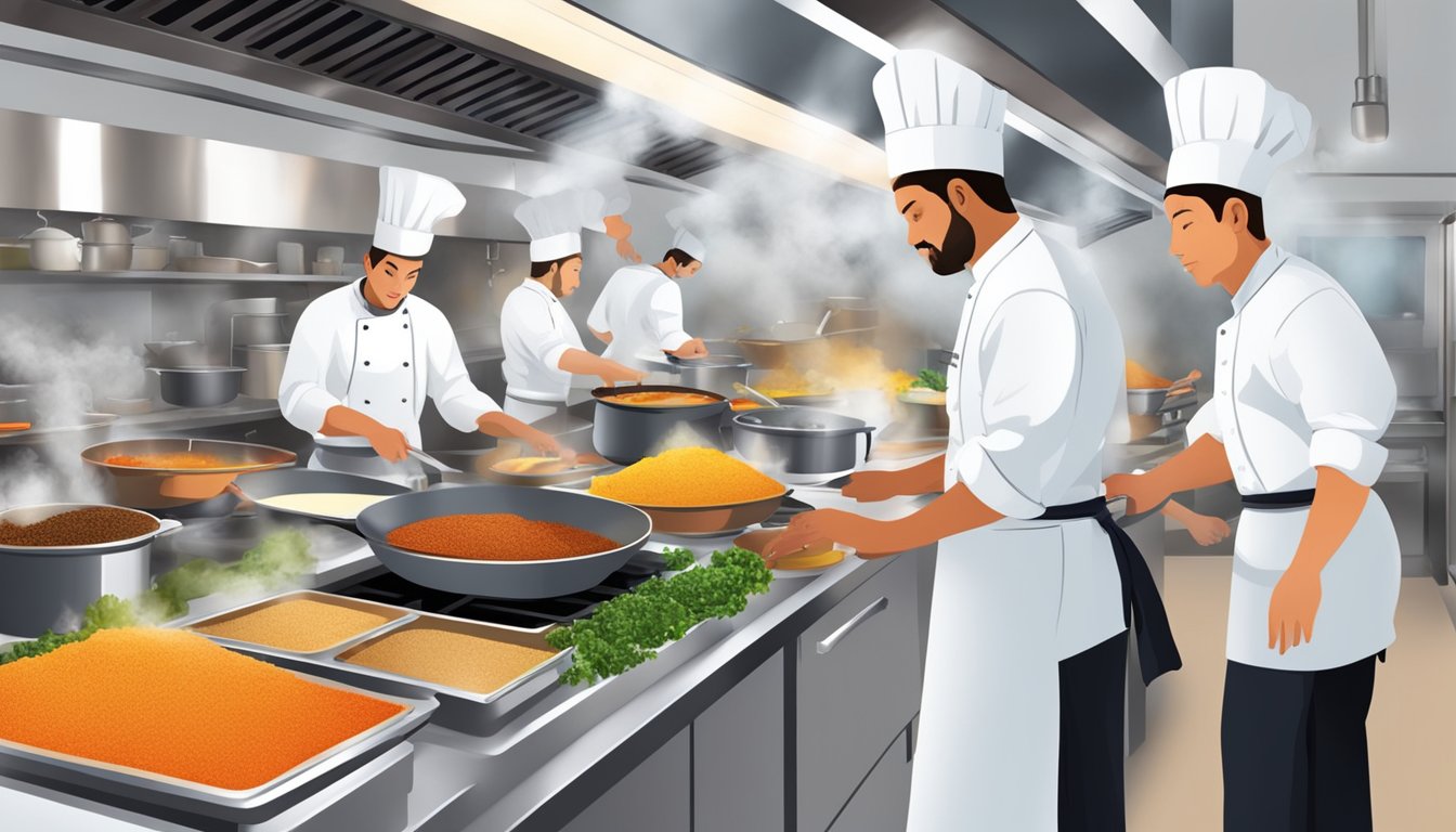 A bustling restaurant kitchen with chefs preparing colorful dishes, steam rising from pots and pans, and the aroma of sizzling spices filling the air