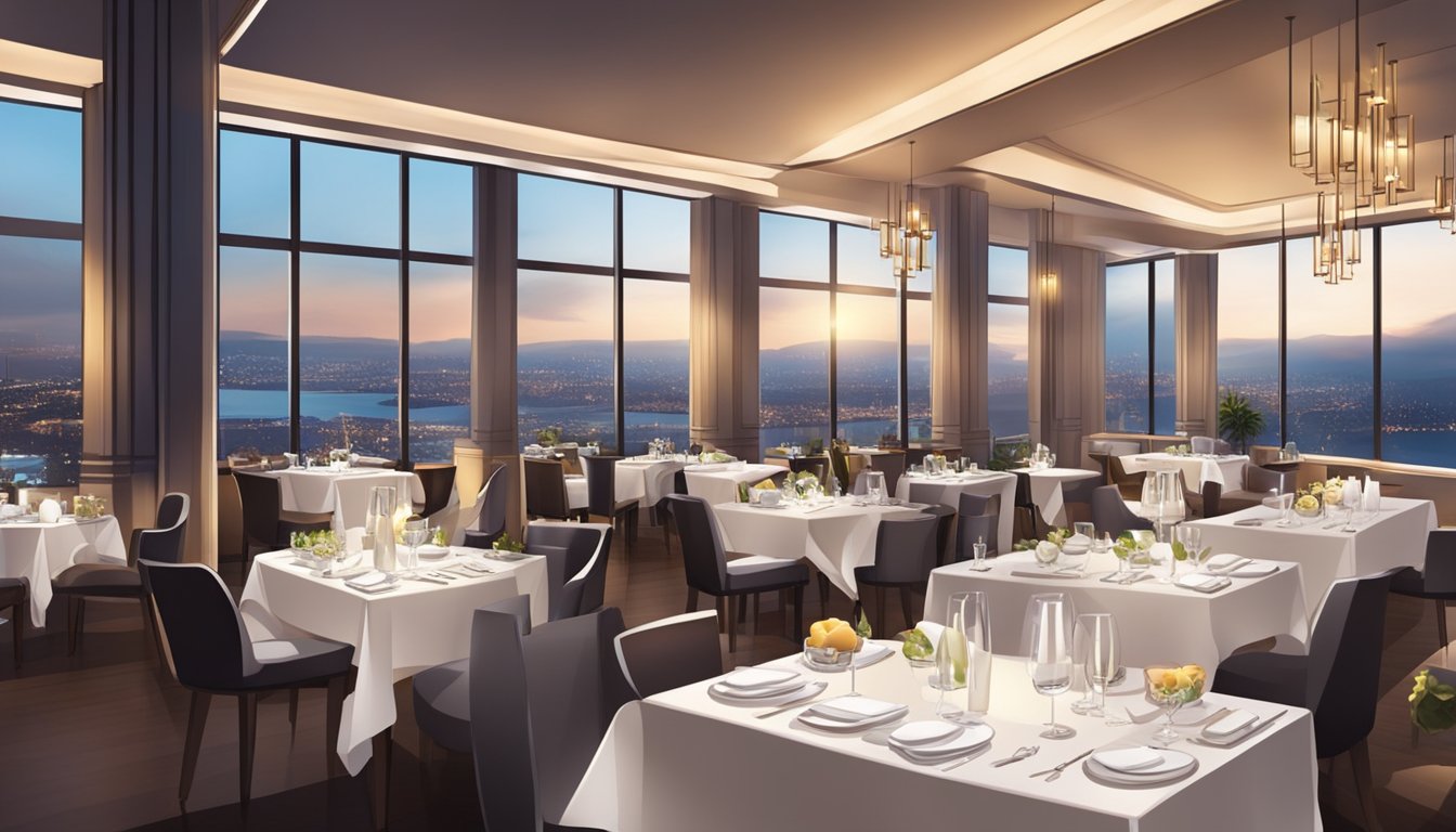 A bustling restaurant with modern decor and panoramic city views. Tables set with white linens and elegant tableware. A welcoming ambiance with soft lighting and attentive staff