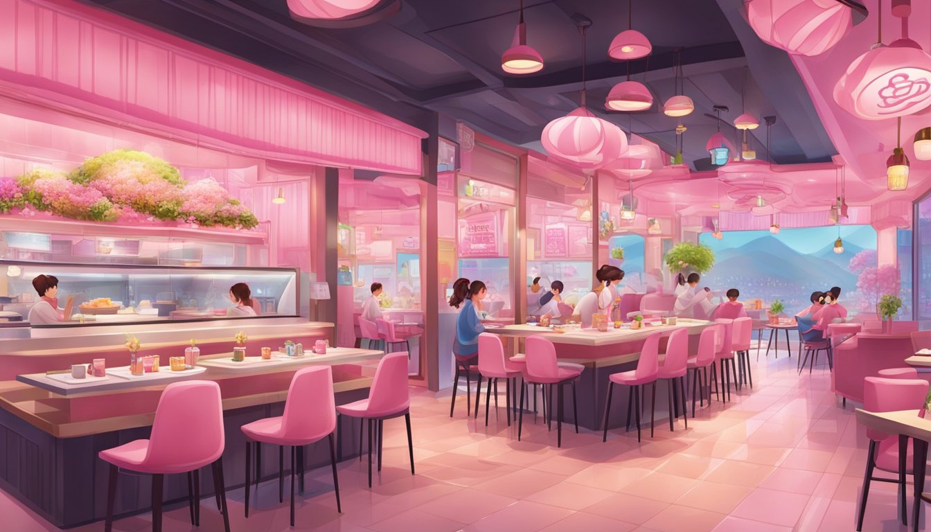 A bustling pink-themed Korean restaurant in Beauty World, with candy-inspired decor and vibrant atmosphere