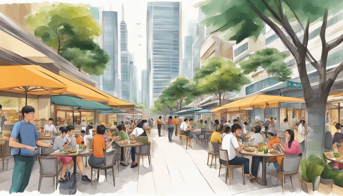 A bustling street lined with diverse restaurants, serving up a variety of culinary delights at lunchtime in Raffles Place